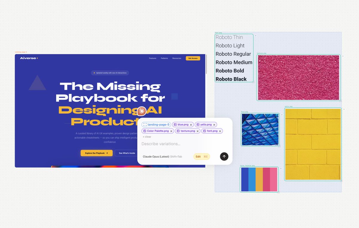 Landing page mockup with asset chips in Playground